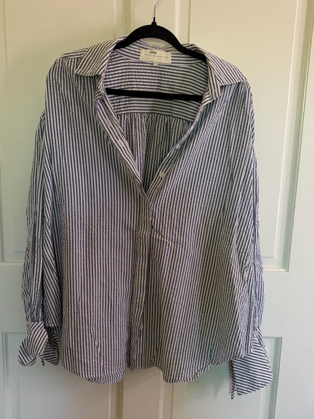 French Mauve Navy and White Striped Balloon Sleeve Button-Down Shirt